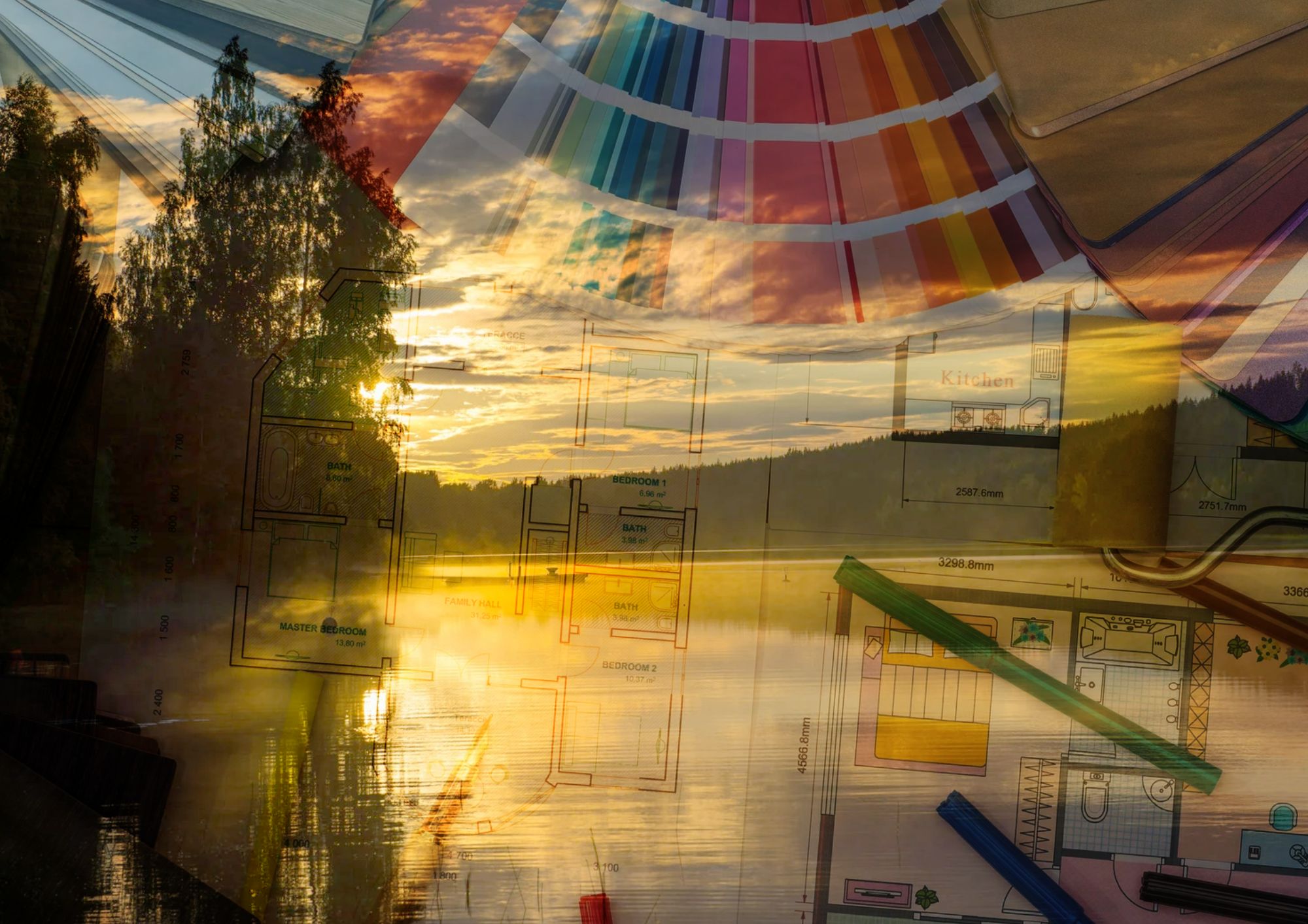 mökkiremontin suunnittelu piirustusten ja värimallien avulla järven rannalla